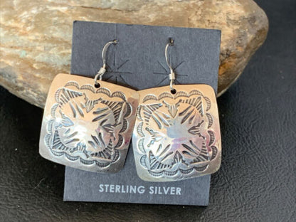 Native American Women's Dangle Earrings | Navajo Sterling Silver Stamped Handmade | 1665