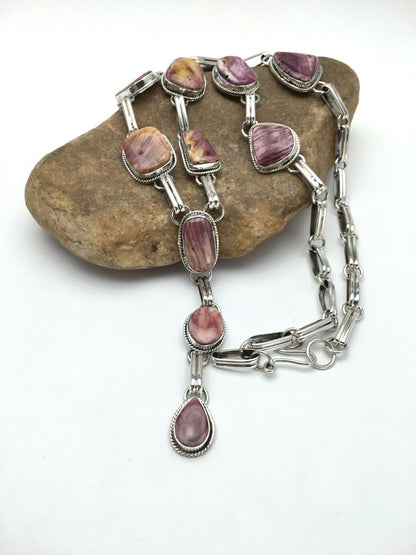 Navajo Purple Spiny Oyster Necklace | Sterling Silver Lariat | Authentic Native American Handmade | 2793