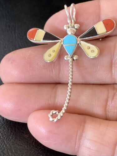 Zuni Turquoise Yellow Mother of Pearl Inlay Dragonfly Necklace Pin Pendant | Sterling Silver | 12323