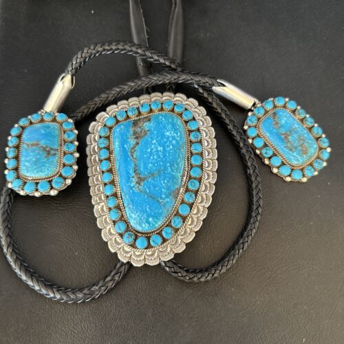 Navajo Blue Kingman Turquoise Bolo Tie | Sterling Silver | Authentic Native American Handmade | 14228