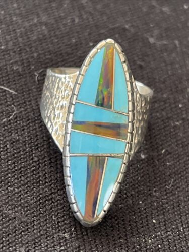 Navajo Multi-Color Opal & Turquoise Inlay Ring | Sterling Silver | Sz 7 | Authentic Native American Handmade | 1579