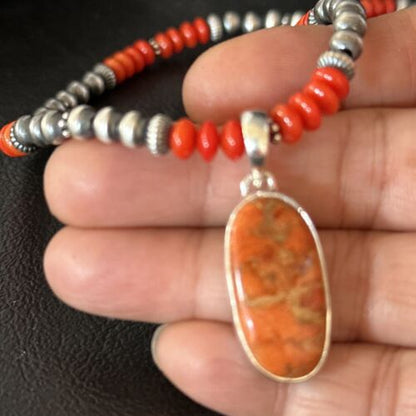 Navajo Red Apple Coral Pendant Necklace | Sterling Silver | Authentic Native American Handmade | 14373