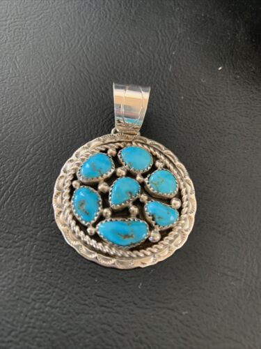 Navajo Blue Kingman Turquoise Cluster Pendant | Authentic Native American Sterling Silver | Multi-Stone | 2" | 02094