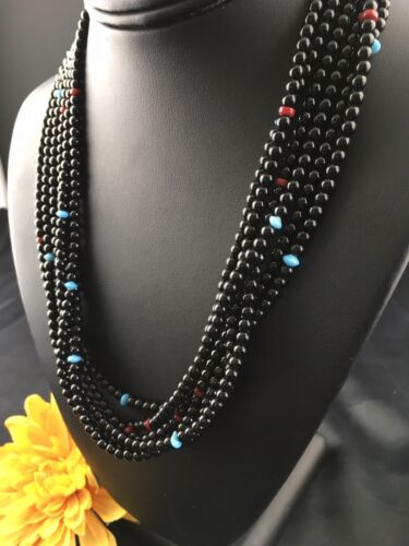 Navajo Black Onyx Coral Turquoise Bead Necklace | Sterling Silver | 18" | Authentic Native American Handmade | 10171