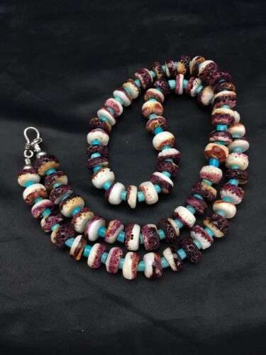 Navajo Purple Spiny Oyster & Turquoise Bead Necklace | Sterling Silver | Authentic Native American Handmade | 22" | 2617