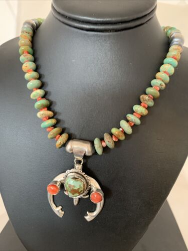 Navajo Green Turquoise Spiny Oyster Pendant Necklace | Authentic Native American Sterling Silver | Naja | 02139