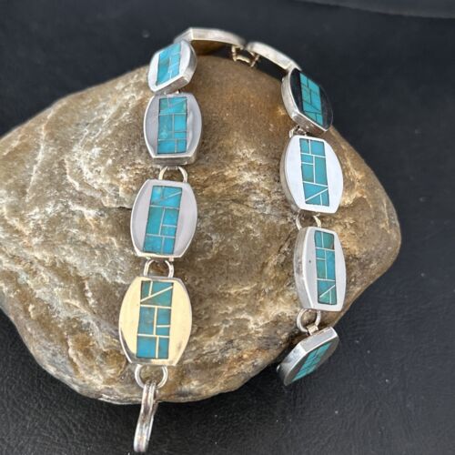Men's Sterling Silver Navajo Turquoise Inlay Link Bracelet | 8.5" | Authentic Native American Handmade | 14659