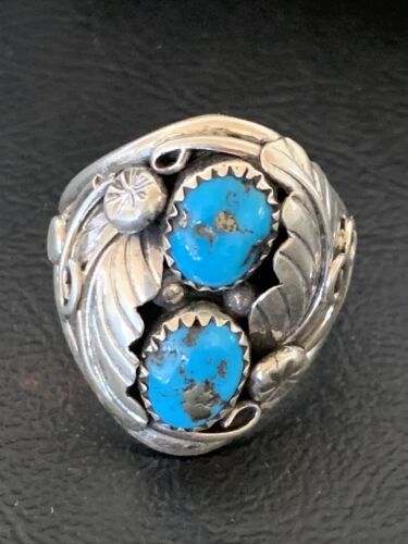Navajo Blue Kingman Turquoise Feather Ring | Authentic Native American Sterling Silver | Multi-Stone | Sz 10.5 | 12219
