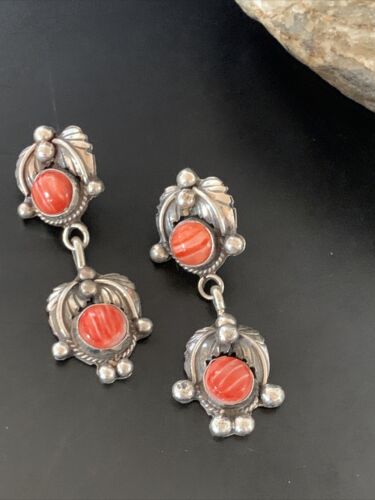 Navajo Red Spiny Oyster Dangle Earrings | Sterling Silver | Authentic Native American Handmade | 2063