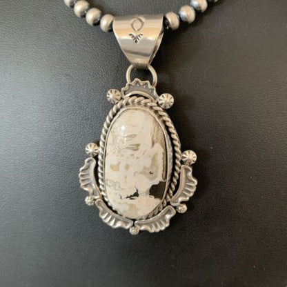 Navajo White Turquoise Buffalo Pendant Necklace | Sterling Silver | Authentic Native American Handmade | 1369