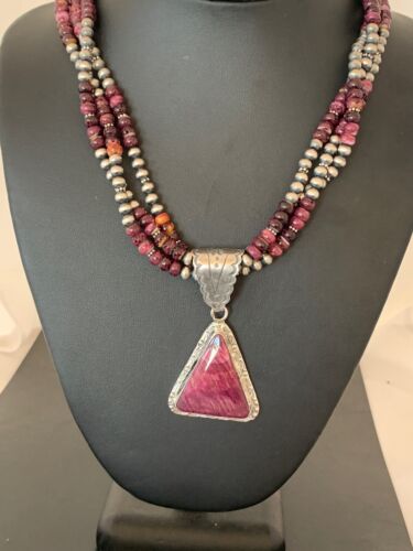 Navajo Purple Spiny Oyster Pendant Necklace | 3-Strand | Sterling Silver | Authentic Native American Handmade | 4107