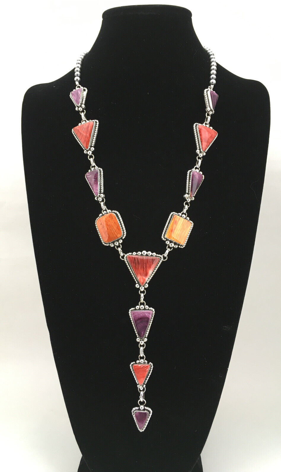 Navajo Spiny Oyster Pendant Necklace | Sterling Silver Lariat | Authentic Native American Handmade | 4904