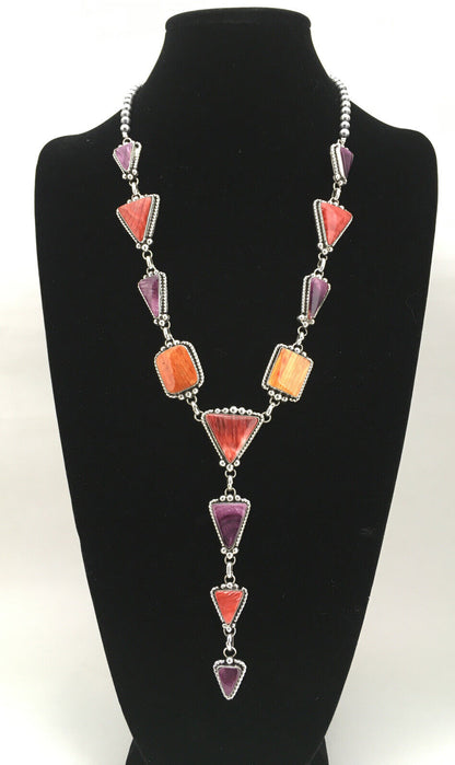 Navajo Spiny Oyster Pendant Necklace | Sterling Silver Lariat | Authentic Native American Handmade | 4904
