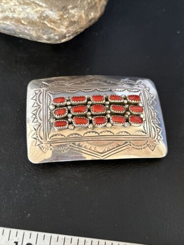Navajo Red Coral Belt Buckle Concho | Sterling Silver | Authentic Native American Handmade | 14797