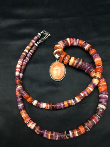 Navajo Orange Spiny Oyster Pendant Necklace Set | Sterling Silver | Authentic Native American Handmade | 2772