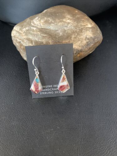 Navajo Purple Spiny Oyster Turquoise Dangle Earrings | Sterling Silver | Authentic Native American Handmade | 14082