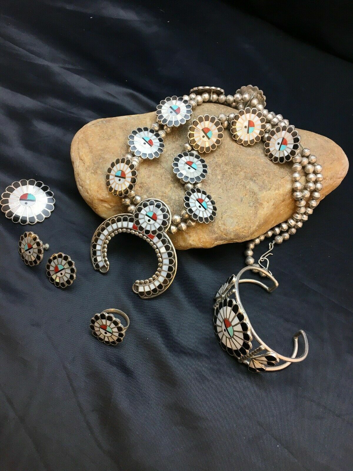 Zuni Native American Inlay Turquoise Squash Blossom Necklace Set | Sterling Silver | 2520