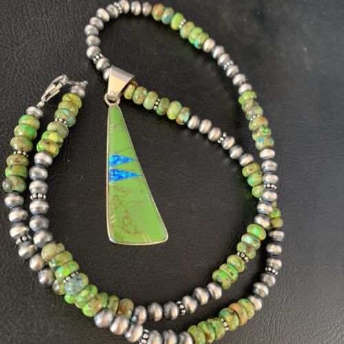 Navajo Green Turquoise Gaspeite Inlay Necklace | Sterling Silver | Authentic Native American Handmade | 13808