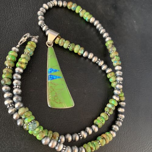 Navajo Green Turquoise Gaspeite Inlay Necklace | Sterling Silver | Authentic Native American Handmade | 13807