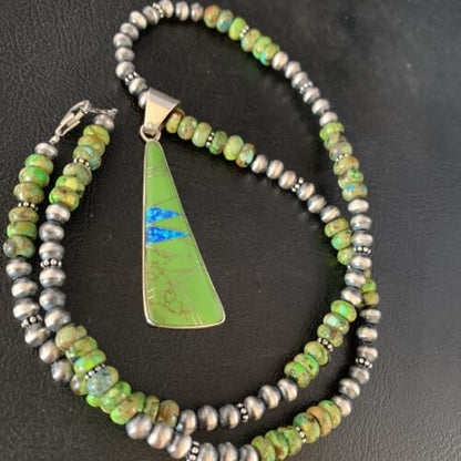 Navajo Green Turquoise Gaspeite Inlay Necklace | Sterling Silver | Authentic Native American Handmade | 13807