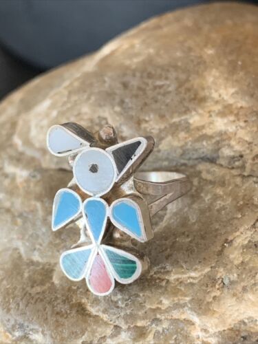 Zuni Peyote Bird Inlay Ring | Sterling Silver | Coral, Turquoise, Onyx, Mother of Pearl | Sz 6.5 | 10791