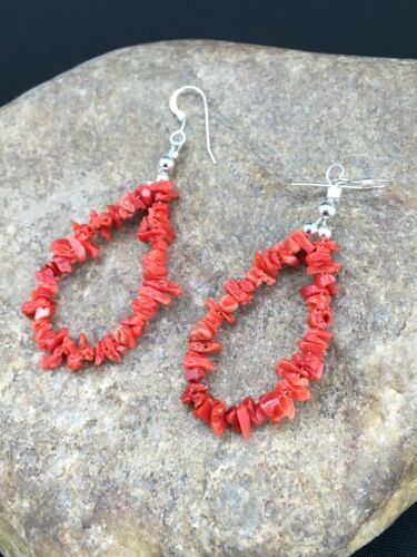 Native American Sterling Silver Navajo Red Coral Earrings | 2" | 1086