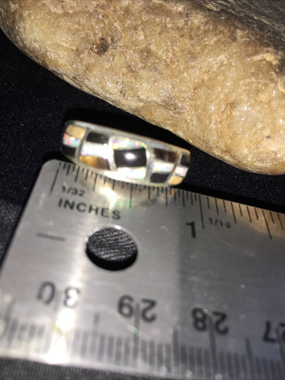 Navajo Men's White Opal & Black Onyx Inlay Ring | Sterling Silver | Sz 13.5 | Authentic Native American | 01789
