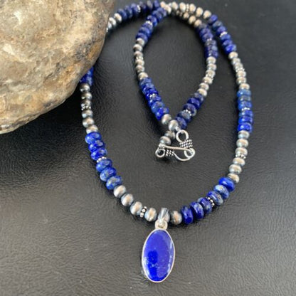 Native American Navajo Blue Lapis Pendant Necklace | Sterling Silver | Authentic Handmade | 11667 - Masha USA