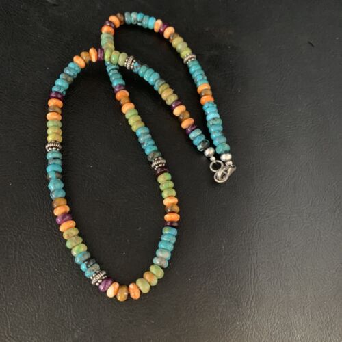 Navajo Blue Turquoise & Orange Spiny Oyster Necklace | Sterling Silver | 18" | 13433