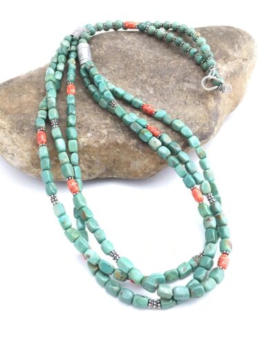 Navajo Green Royston Turquoise Spiny Oyster Necklace | Sterling Silver | 3-Strand 26" | 1140
