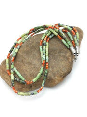 Navajo Green Serpentine & Spiny Oyster Necklace | 3 Strand | Sterling Silver | Authentic Native American Handmade | 4095