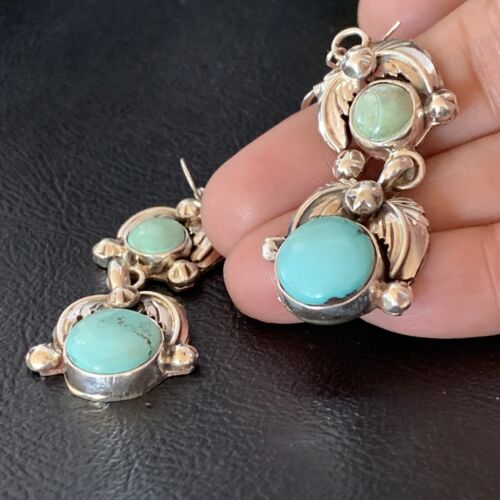 Navajo Blue Green Dry Creek Turquoise Dangle Earrings | Sterling Silver | Authentic Native American Handmade | 1485
