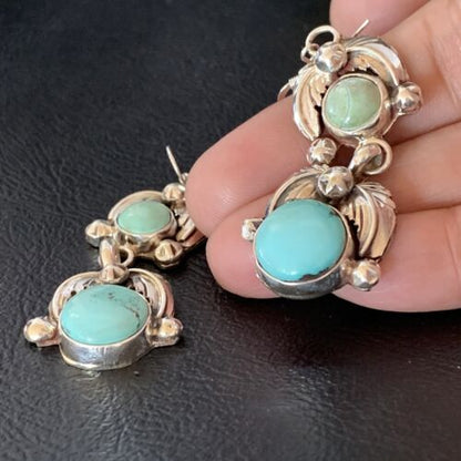 Navajo Blue Green Dry Creek Turquoise Dangle Earrings | Sterling Silver | Authentic Native American Handmade | 1485