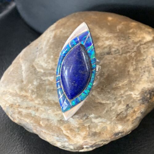 Native American Blue Lapis Opal Inlay Ring | Navajo Sterling Silver | Sz 6 | 12847