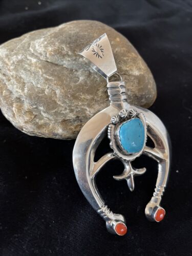 Navajo Sterling Silver Naja Pendant | Turquoise & Spiny Oyster | Authentic Native American Handmade | 1060