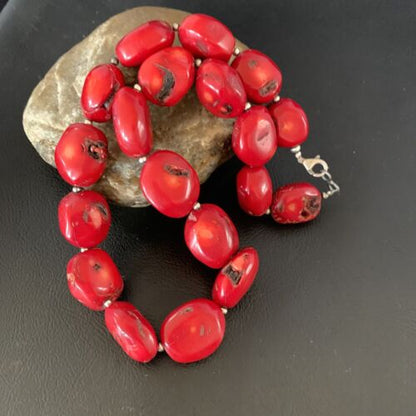 Native American Navajo Red Coral Bead Necklace | Sterling Silver | 18" | 13407