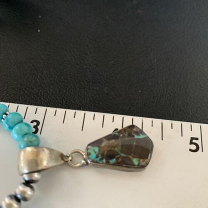 Women's Blue Turquoise Pendant Necklace | Navajo Pearls | Sterling Silver | Authentic Native American Handmade | 13368