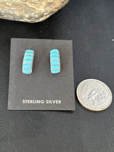Navajo Blue Turquoise Inlay Earrings | Sterling Silver | 1" | Authentic Native American Handmade | 14777