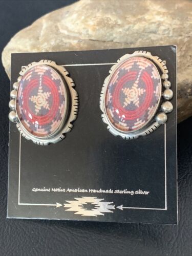 Navajo Red Rug Design Stud Earrings | Sterling Silver | 1" | Authentic Native American Handmade | 13110