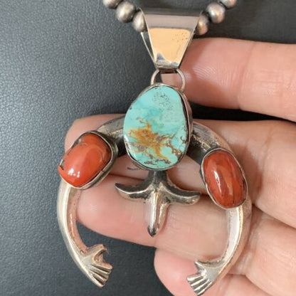 Navajo Pearl Necklace with Royston Turquoise & Coral Naja Pendant | Sterling Silver | 13643