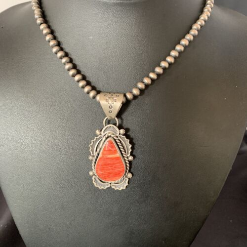 Navajo Red Spiny Oyster Pendant | Sterling Silver | 2" | Authentic Native American Handmade | 13320