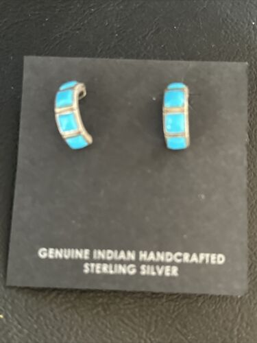 Navajo Blue Turquoise Inlay Earrings | Sterling Silver | 1" | Authentic Native American Handmade | 14776