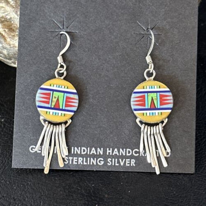 Navajo Multi-Color Turquoise Inlay Earrings | Sterling Silver | Authentic Native American Handmade | 14654