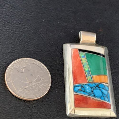 Navajo Turquoise Spiny Opal Multi-Color Inlay Pendant | Sterling Silver | Authentic Native American Handmade | 13722