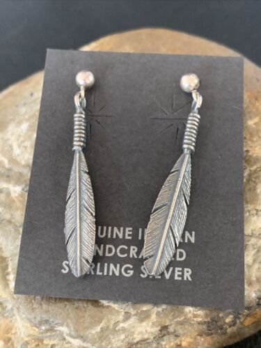 Old Pawn Southwestern Sterling Silver Dangle Feather Earrings | 1" | 12989