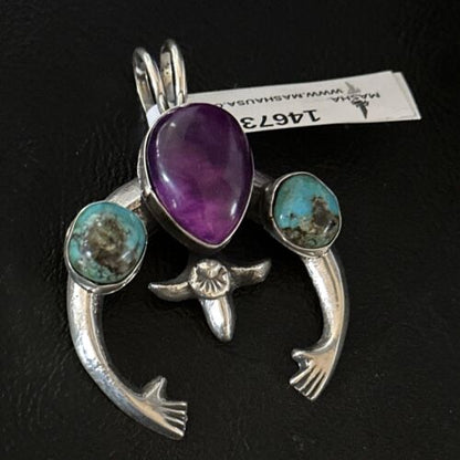 Navajo Sterling Silver Blue Turquoise Purple Sugilite Naja Pendant | Authentic Native American Handmade | 14673