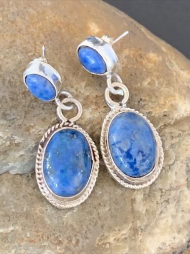 Navajo Denim Lapis Dangle Earrings | Sterling Silver | 1.1" | Authentic Native American Handmade | 1702