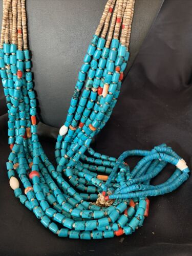 Southwestern Santo Domingo Coral Spiny Blue Turquoise Jacla Necklace | 32" | Native American Handmade | 12047