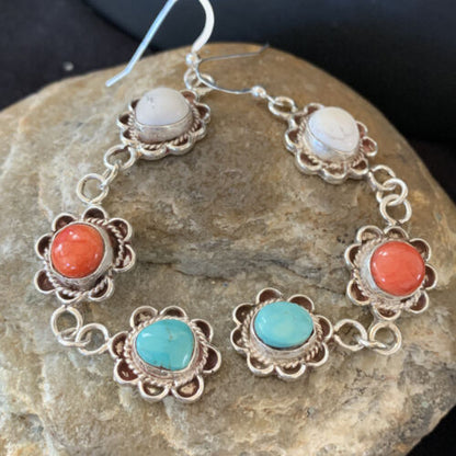 Navajo Spiny, Turquoise & Howlite Dangle Earrings | Sterling Silver | Authentic Native American Handmade | 1573