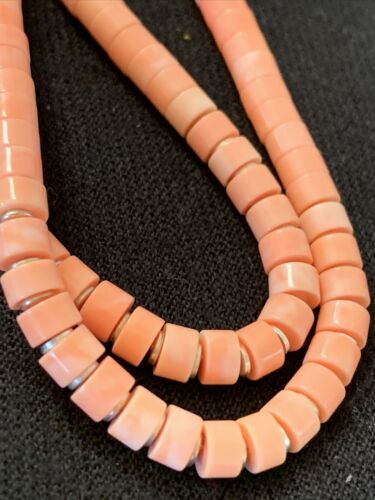 Navajo Pink Coral 2 Strand Heishi Bead Necklace | Sterling Silver Tube | 16" | Authentic Native American | 00758